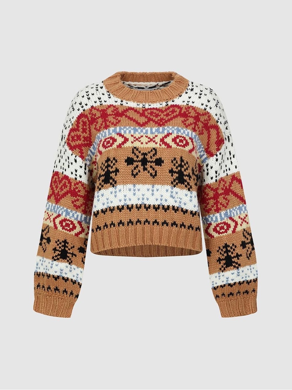 Cropped Fair Isle Crewneck Sweater Crop in Camel, Red & White NWT